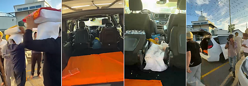 Still images from Singh Sabha Gurdwara video showing attempts to transport saroops in trunk floor of van.