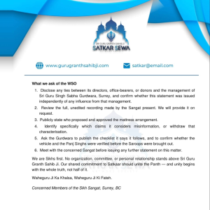 Sri Guru Granth Sahib Satkar Sewa Response to WSO